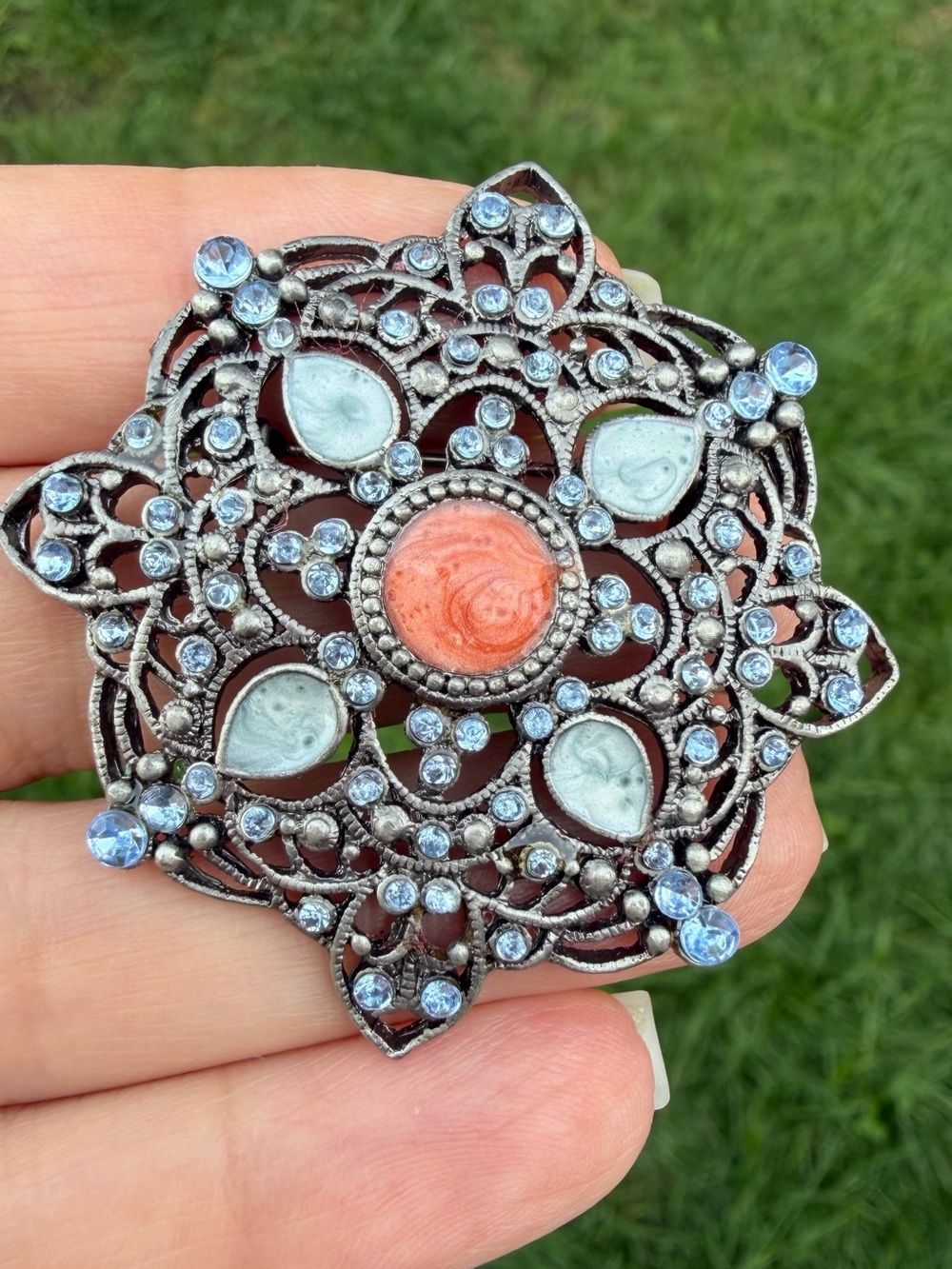 Vintage Silver Tone Filigree Mandala Brooch Light Blue Rhinestone Coral Cabochon